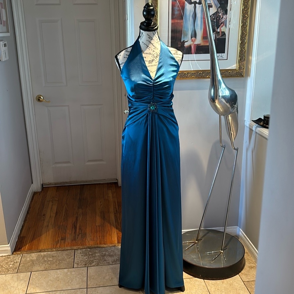 Jessica McClintock Teal Halter Maxi Dress